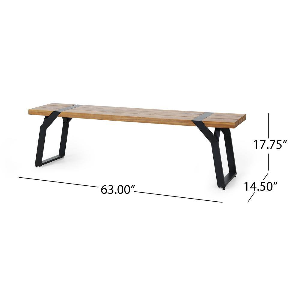 Sleek Black Metal and Teak Wood 63'' Outdoor Bench