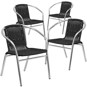 Stackable Metal Outdoor Dining Chair in Aluminum and Black (Set of 4)