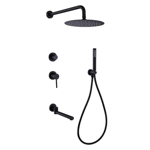 Tomfaucet 3-Spray 10 in. Wall Mount Fixed and Handheld Shower Head 6.6 GPM Shower System in Matte Black with Tub Spout