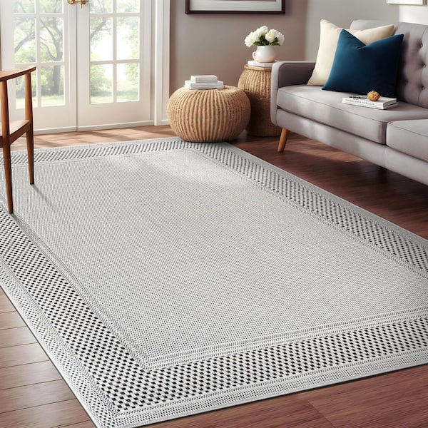 Coastal Beige 9 ft. x 12 ft. Bordered Washable Easy Jute Modern Indoor Outdoor Area Rug