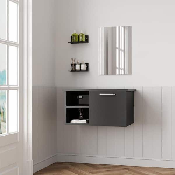 Puluomis 28 in. W x 18.5 in. D x 16 in. H Bath Vanity Cabinet with Solid Surface Vanity Top with Mirror in Black