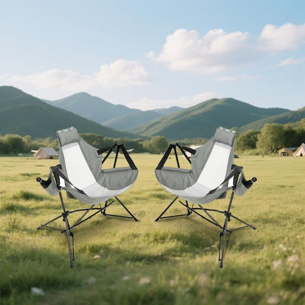 Grey Metal Folding Lawn Chair, Outdoor Hammock Camping Chair with Adjustable Back, Cup Holder and Carry Bag (2PCS)