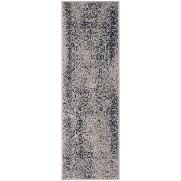 Adirondack 3 ft. x 10 ft. Gray/Navy Border Distressed Runner Rug