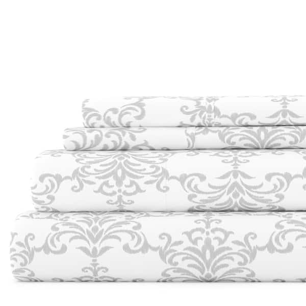 Becky Cameron Premium Ultra Soft 4-Piece Light Gray Soft Bouquet Pattern Microfiber Queen Sheet Set