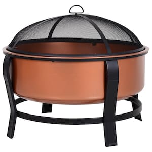 29.75" W x 25.5" H Copper-Colored Round Basin Wood Fire Pit Bowl with Black Base, Wood Poker, and Mesh Screen for Embers