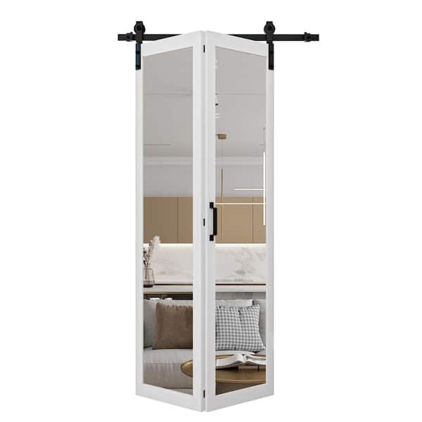 ARK DESIGN 40 in. x 84 in. 1-Lite Mirrored Glass Solid Core White Finished Composite Bi-fold Door with Bifold Barn Door Hardware