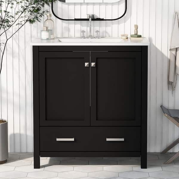 Zolaris 30 in. Modern Freestanding Black Bath Vanity with White Ceramic Top, Shelves, Drawers, Wood
