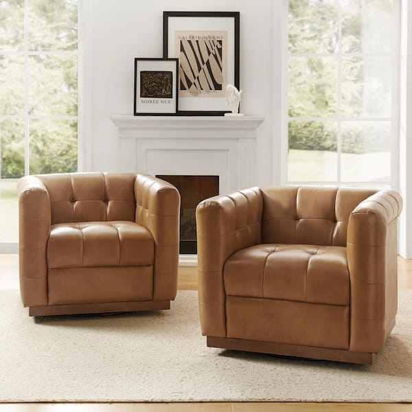 JAYDEN CREATION Gunther Camel Genuine Leather Swivel Club Chair (Set of 2) with Wooden Apron