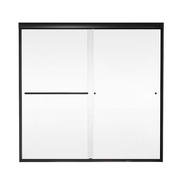 ANGELES HOME 56 - 60 in. W x 58 in. H Sliding Semi Frameless Tub Door 1/4 (6mm) Clear Glass in Black, Reversible Installation