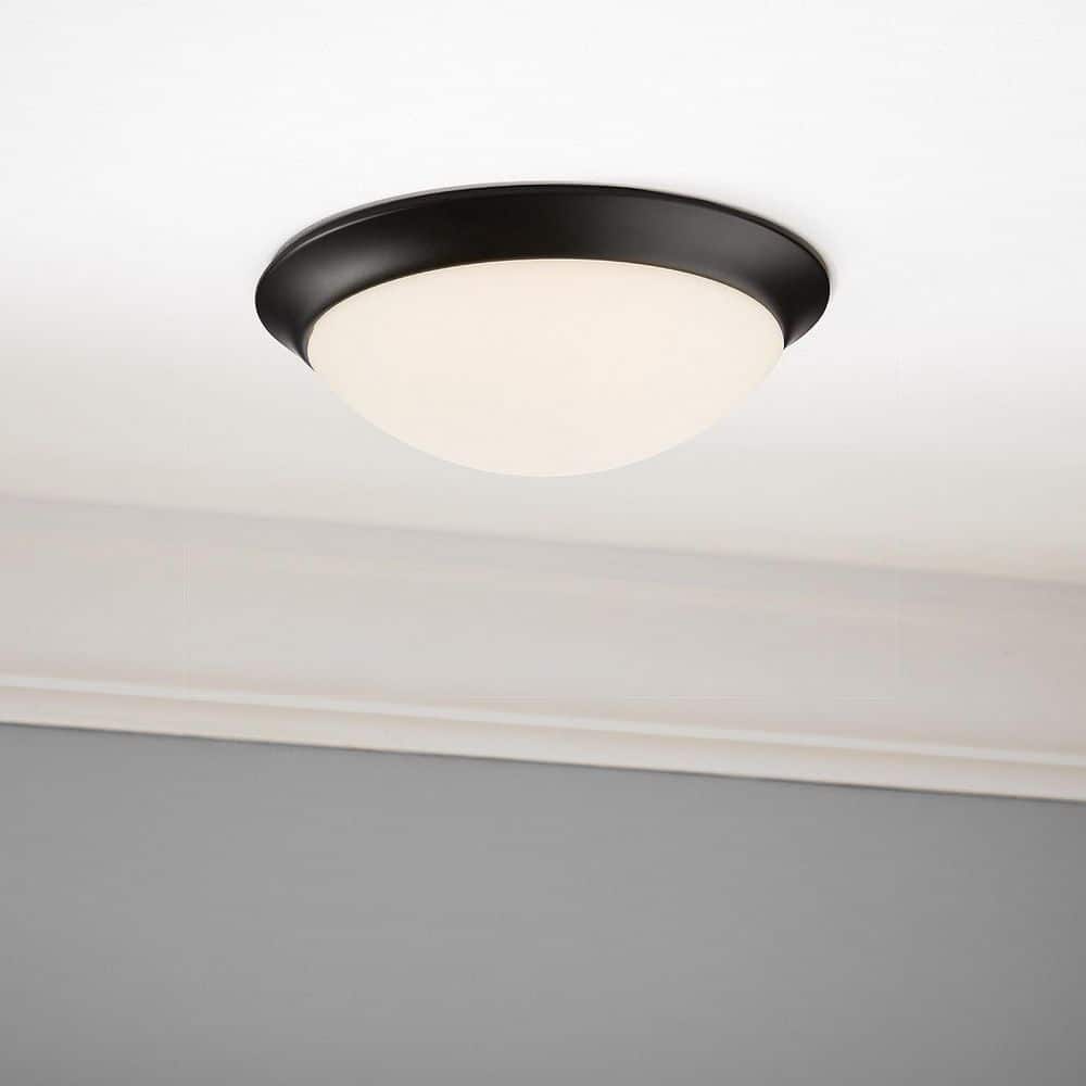 Hampton Bay - Stetson 11 in. Transitional Satin Bronze 5CCT Integrated LED Flush Mount with Frosted Clear Glass Shade for Kitchen