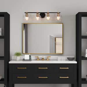 30 in. 4-Light Brass Modern Bathroom Vanity Light, Globe Seeded Glass Bath Lighting, Black Wall Sconce for Powder Rooms