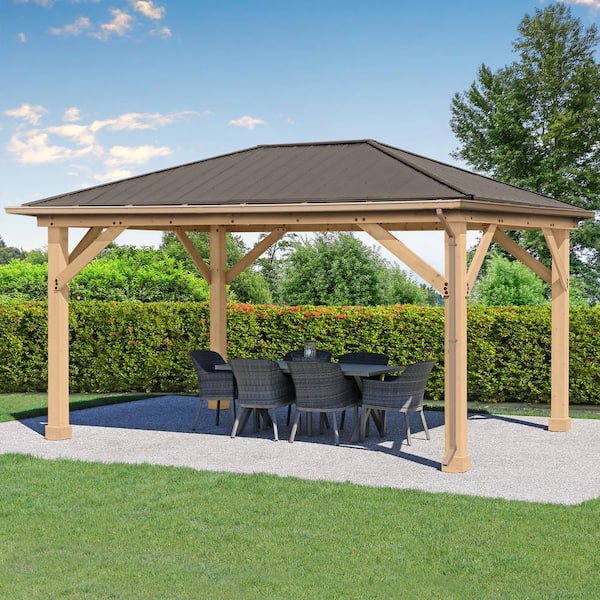Meridian 12 ft. x 16 ft. Outdoor Patio Shade Gazebo with Coffee Brown Aluminum Roof and Rain Gutter Kit Included