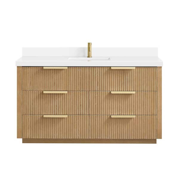 Santarem 60 in.W x 22 in.D x 34 in.H Single Sink Bath Vanity in Washed Ash Grey with Pure White Quartz Stone Top