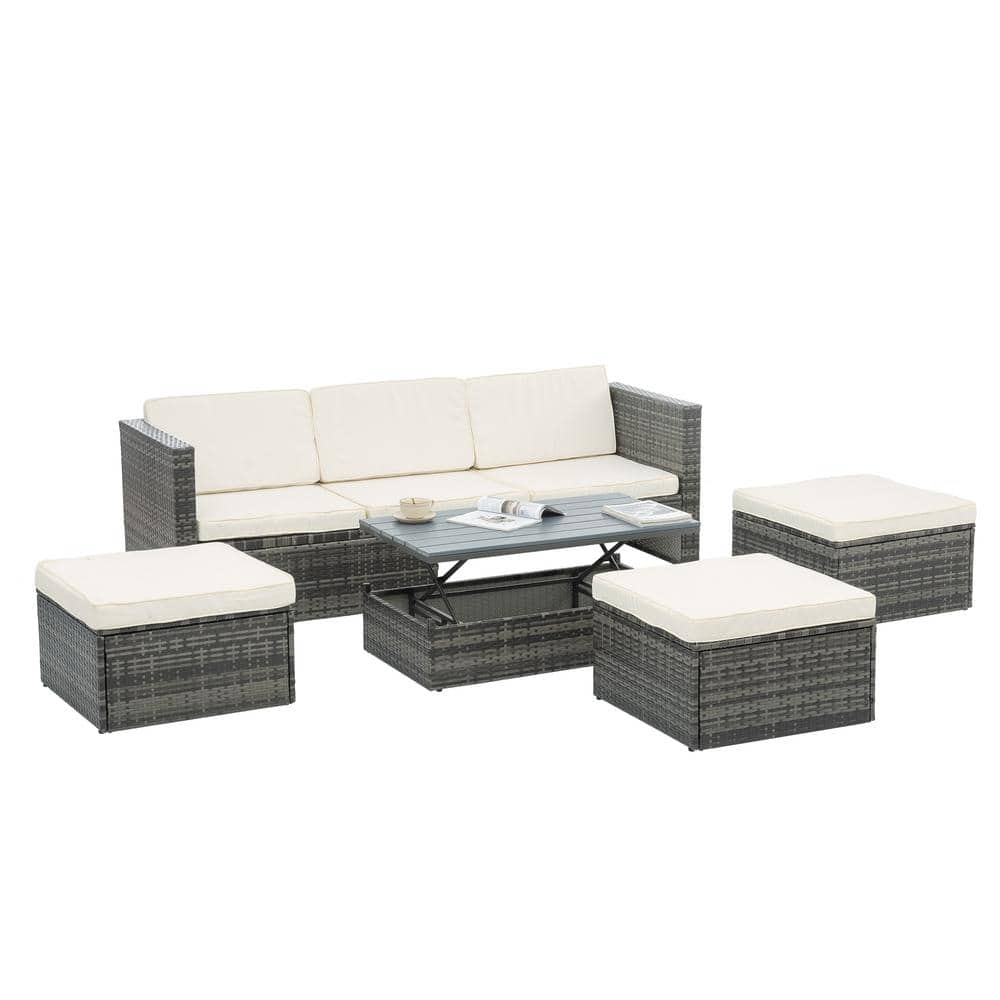 Sudzendf Dark Gray 5-Piece PE Wicker Outdoor Sectional Set with White ...