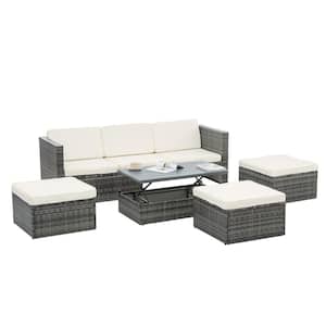Dark Gray 5-Piece PE Wicker Outdoor Sectional Set with White Cushion and Lift Top Coffee Table