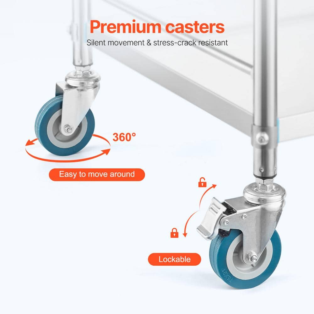 Silver Stainless Steel 3-Tier Mobile Lab Cart with Drawer