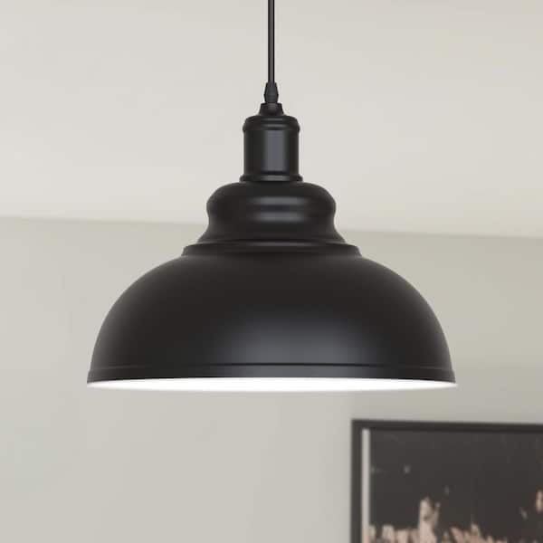 12 in. 1-Light Plug-in Black Metal Pendant Light with Dome Shade for Kitchen, Dining room, Living room No Bulb Included