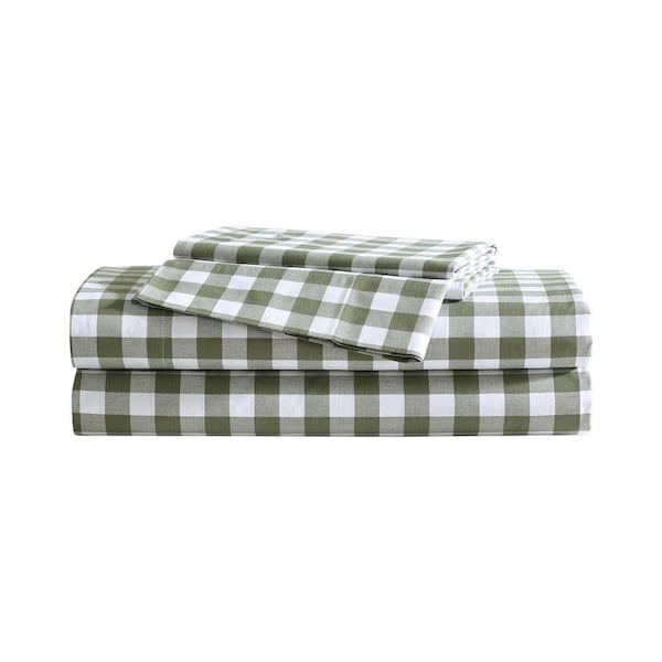 Preston Check 4-Piece Olive Green Percale Cotton Full Sheet Set
