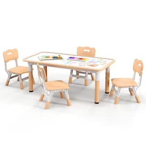 5-Piece Rectangle Graffiti Desktop Natural Kids Height Adjustable Table and 4-Chairs Set