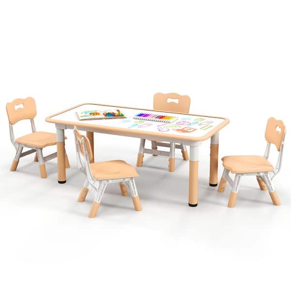 Gymax 5-Piece Rectangle Graffiti Desktop Natural Kids Height Adjustable Table and 4-Chairs Set