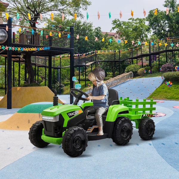 Clihome Light Green Electric Powered Child Riding Tractor with Detachable Trailer and Seat Belt