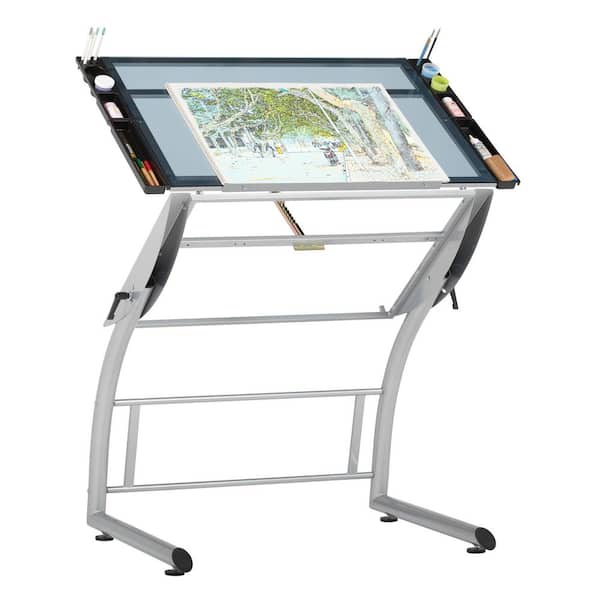 Triflex 35.25 in. W Metal and Glass Craft, Drawing, Drafting Table with Adj. Height and Tilt, Sit or Stand Desk, Silver