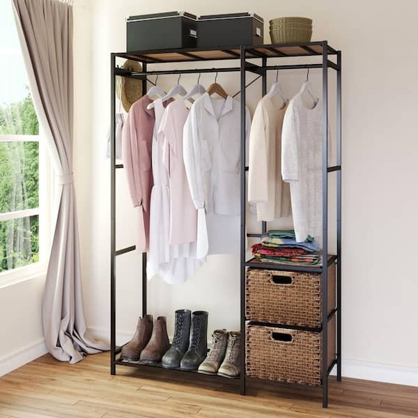 Brown Heavy Duty Acacia Wood Clothes Rack Closet Organizer Closet Wardrobe Rack with 2 Wicker Drawers and 4 Hooks