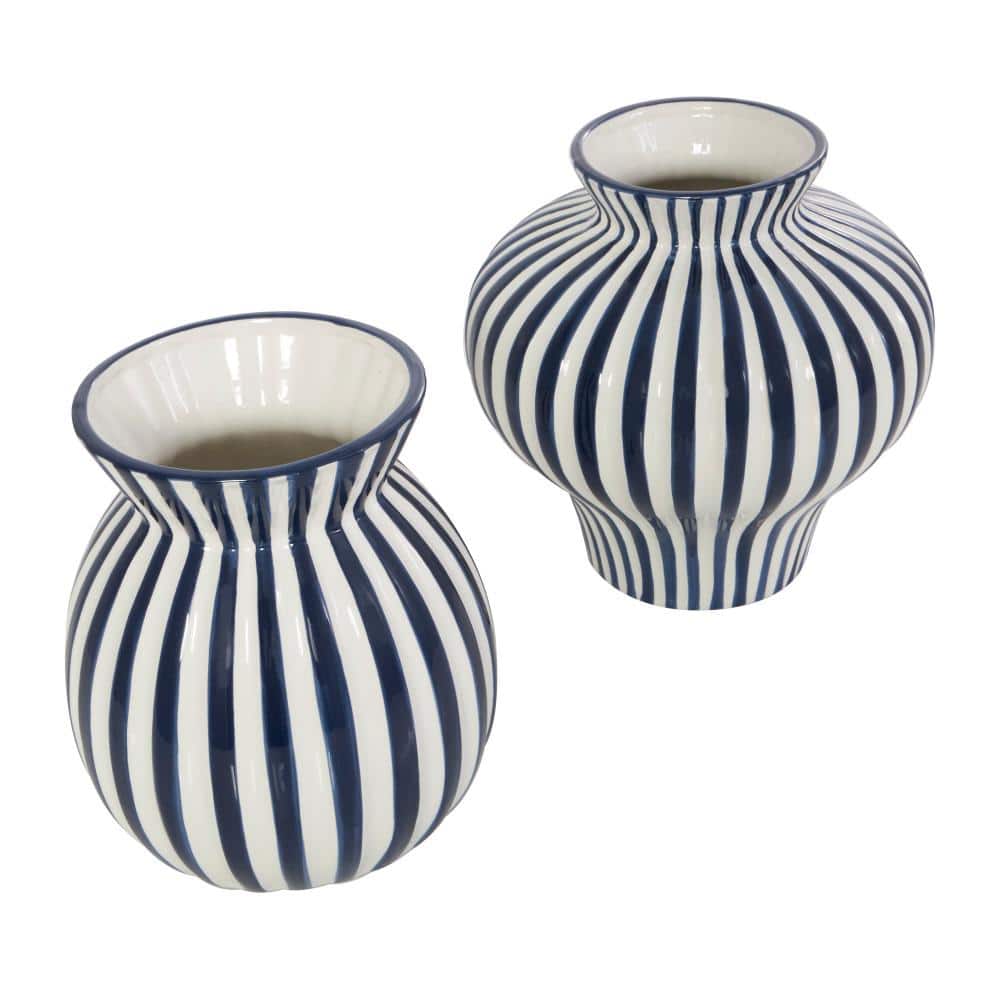 Blue and White Striped Ceramic Table Vase Set