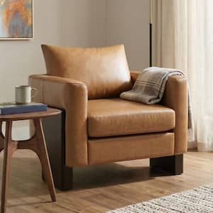 Joreva Modern Brown PU Faux Leather Upholstered Accent Arm Chair with Solid Wood Legs