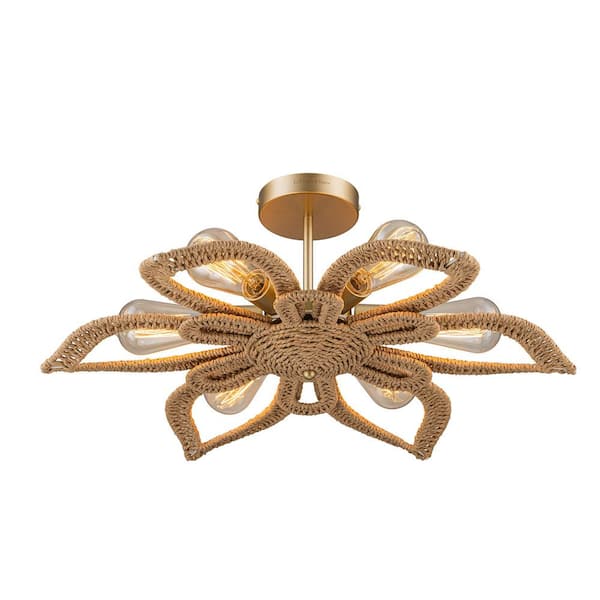 ELE Light & Decor Daisy 24 in. 6-Light Coastal Gold/Brown Natural Rattan Semi-Flush Mount with No Bulbs Included