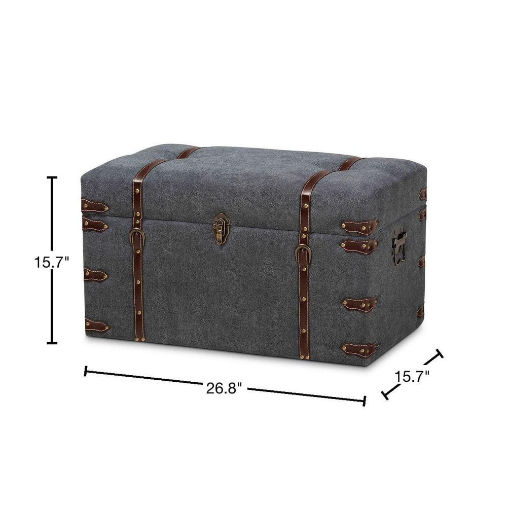 Palma Gray Fabric Upholstered Storage Trunk Ottoman with Brass Accents