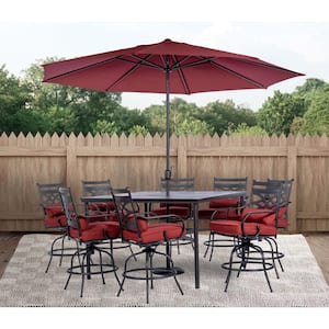 Montclair 9-Piece Steel Outdoor Dining Set with Chili Red Cushions, 8 Swivel Chairs, 60 in. Table and Umbrella