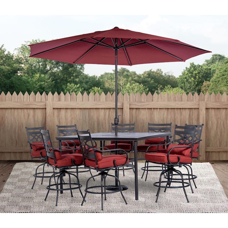 Hanover Montclair 9-Piece High-Dining Set in Chili Red with 8 Counter-Height Swivel Rockers, 60-In. Square Table and 11-Ft. Umbrella
