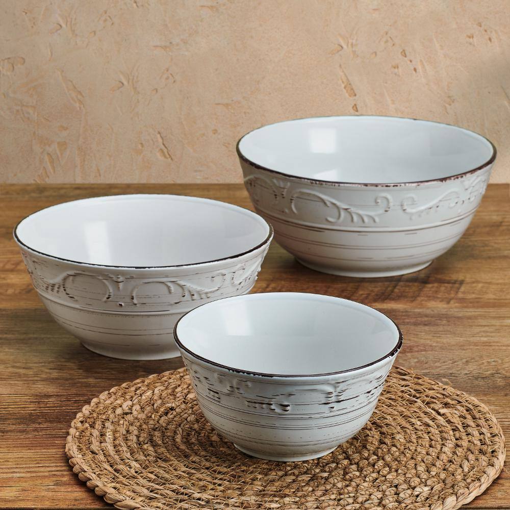 White Ceramic Rustic Patterned Serving Bowl Set of 3
