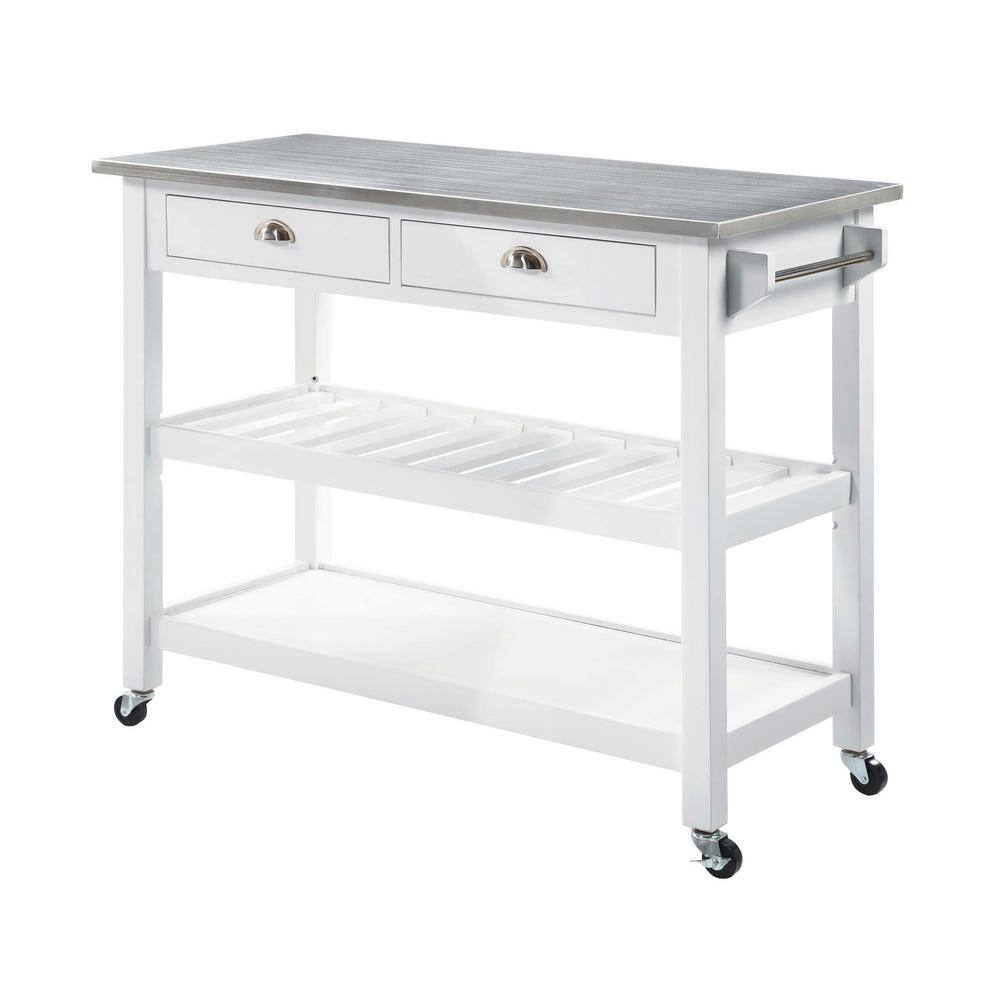 White Stainless Steel Kitchen Cart with Wine Rack and Storage