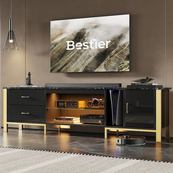 Bestier 80 in. Modern High Gloss Black TV Stand for TVs Up to 85 in. LED Entertainment Center with Drawers and Cabinet