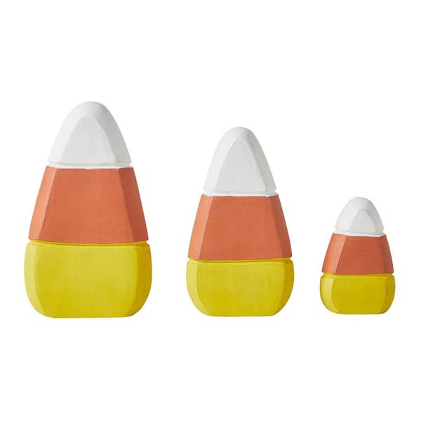 VHC BRANDS Seasons Crest 7.5 in. Orange Yellow White Candy Corn Wooden Table Decor Set of 3