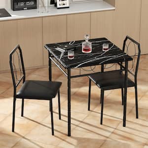 Dining Table Set For 2, 27.5 in. L, Black Square Table Set 29.9 in.H, Wooden Marble Texture Accent Table With 2 Chairs