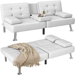 65 in. Convertible Folding Futon Sofa Bed, White Faux Leather Upholstered Roomy Love Seat