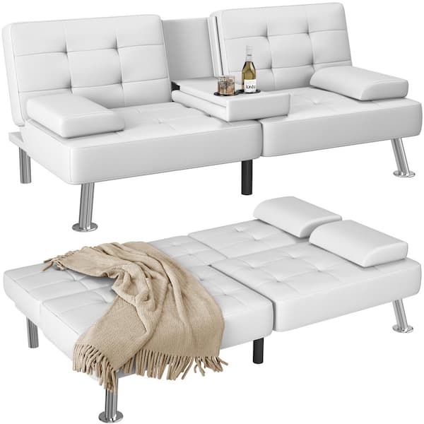 LACOO 65 in. Convertible Folding Futon Sofa Bed, White Faux Leather Upholstered Roomy Love Seat