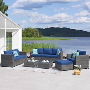 Victorie Gray 9-Piece Big Size Wicker Outdoor Patio Conversation Seating Set with Navy Blue Cushions