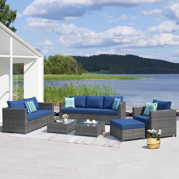 OVIOS Victorie Gray 9-Piece Big Size Wicker Outdoor Patio Conversation Seating Set with Navy Blue Cushions