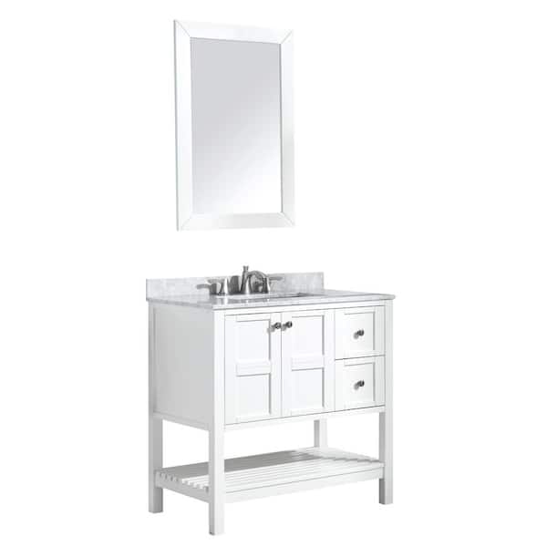 ANZZI Montaigne 36 in. W x 35.75 in. H Bath Vanity in White with Marble Vanity Top in Carrara White w/ White Basin and Mirror