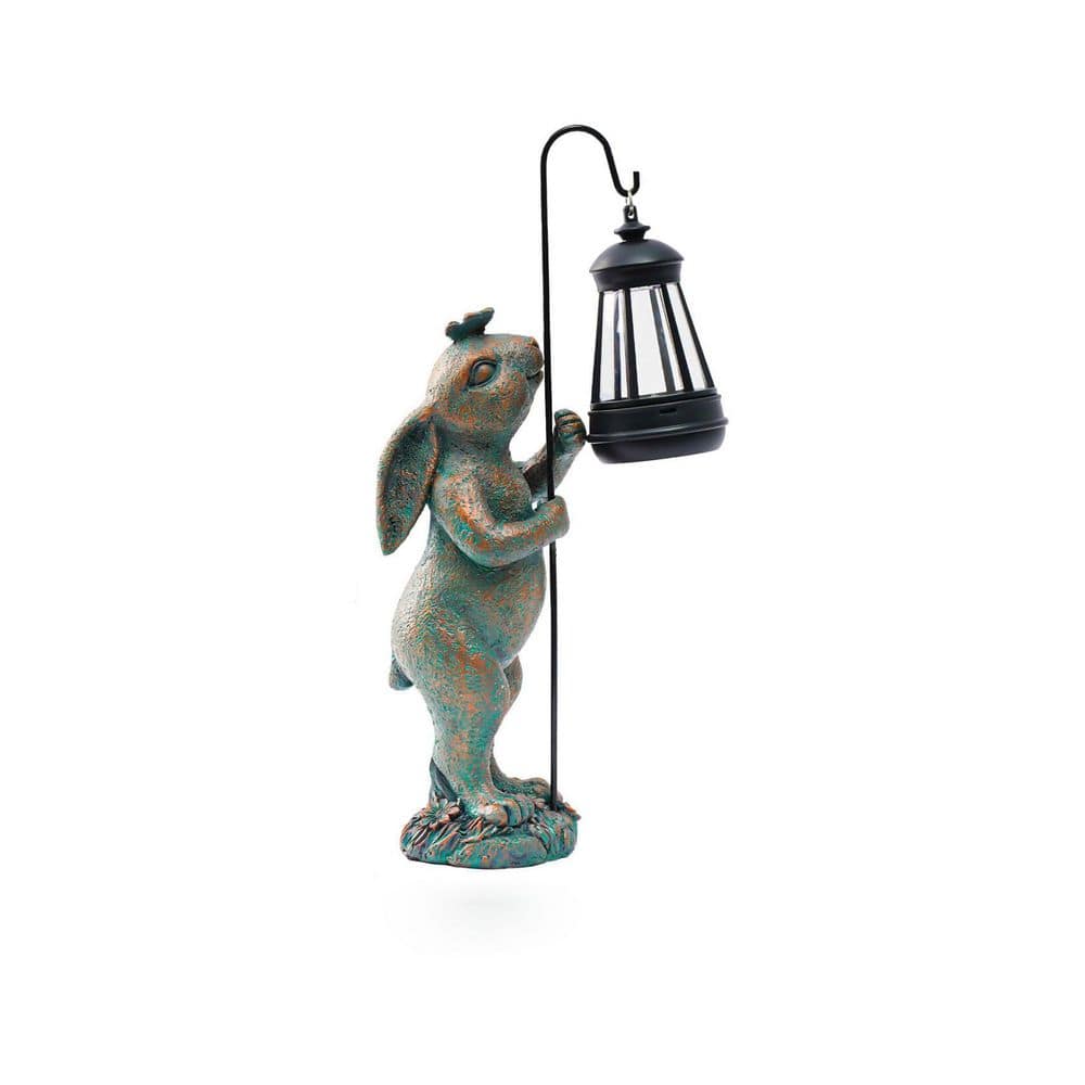 3 in. x 10 in. Bronze Resin Outdoor Bunny Garden Statue with Solar