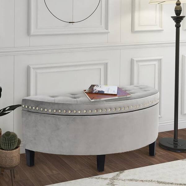 Unbranded 43.5 in. Flip Top Half Moon Gray Velvet Upholstered Storage Bench