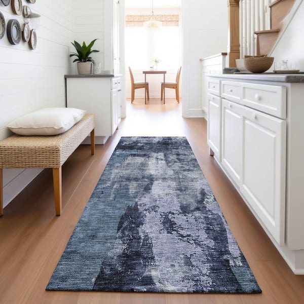 Mayfield Premium Machine Washable Abstract AMF1077 Navy 2 ft. 3 in. x 7 ft. 6 in. Runner Rug