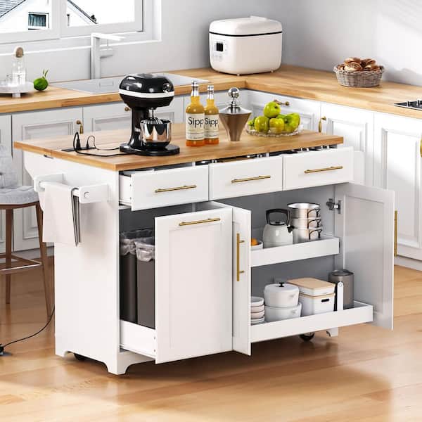 White Wood 59.3 in. W Kitchen Cart with Charging Station, Drop Leaf, Pull-Out Trash Can Cabinet, Drawers