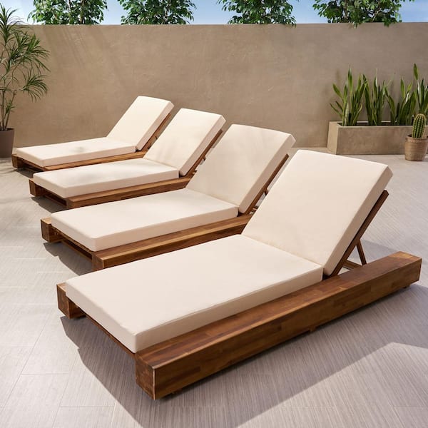 Noble House Broadway Sandblast Teak Brown 4-Piece Wood Outdoor Chaise Lounge with Cream Cushions