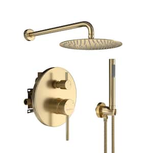 1-Spray Patterns with 2.5 GPM 10 in. Round Wall Mount Dual Shower Heads with Pressure Balance Valve in Brushed Gold