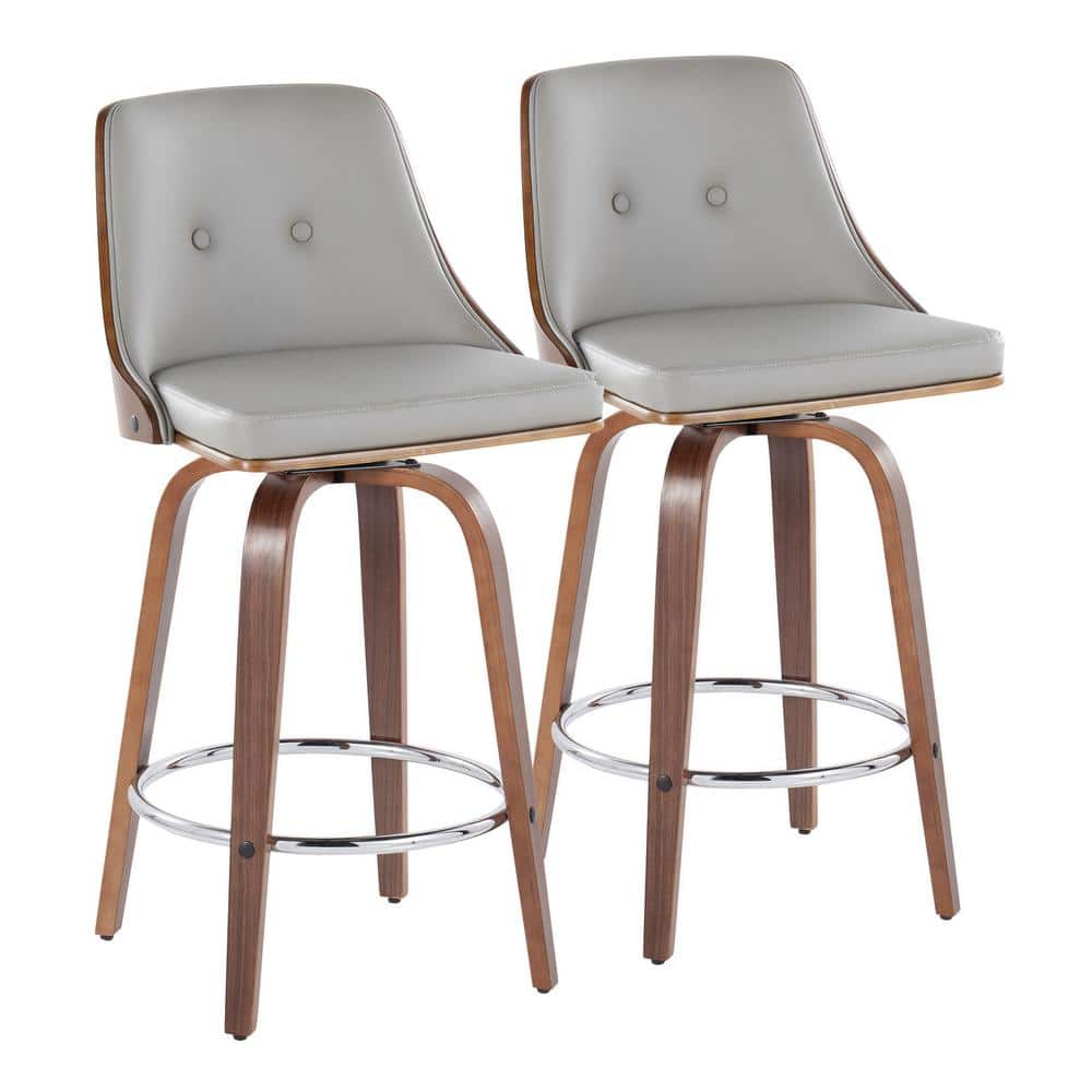 Gianna 25.75 in. Lt. Grey Faux Leather, Walnut Wood & Chrome Metal Fixed-Height Counter Stool Round Footrest (Set of 2) price history on PriceWatchPro